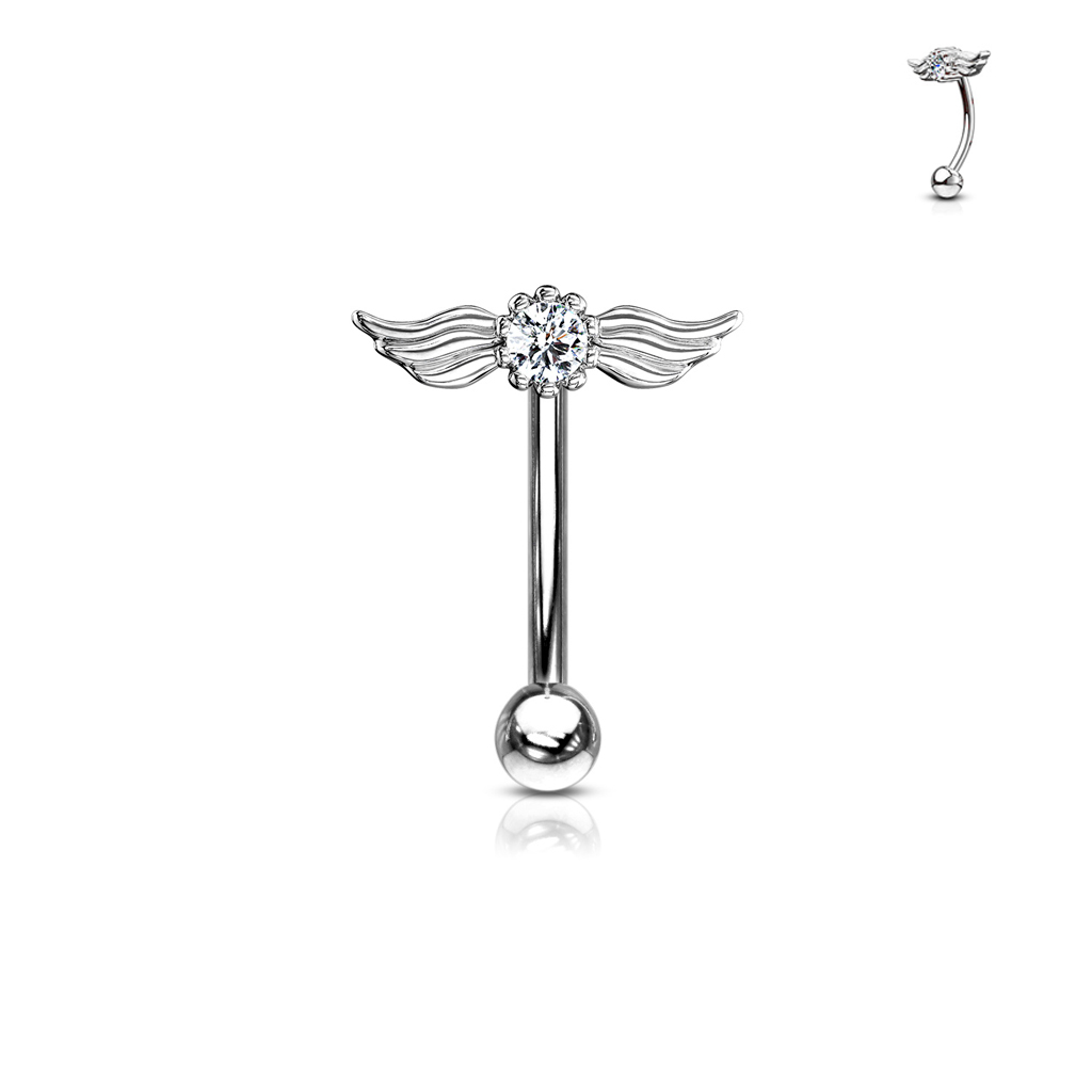 עגיל פירסינג בגבה / טבור / רוק - כנפיים עם קריסטל לבן
