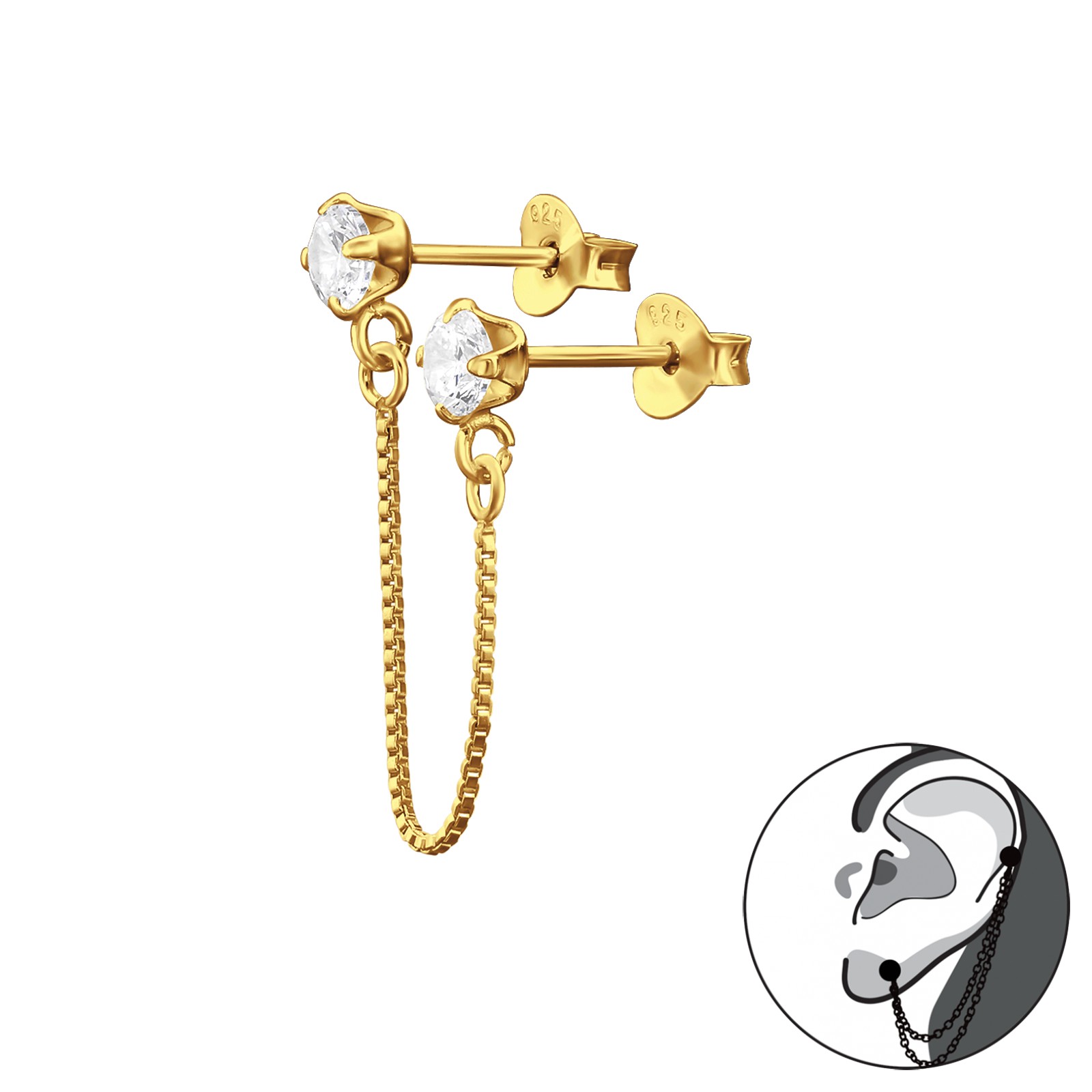 עגיל שרשרת מכסף 925 וציפוי זהב - 2 עיגולים זירקונים