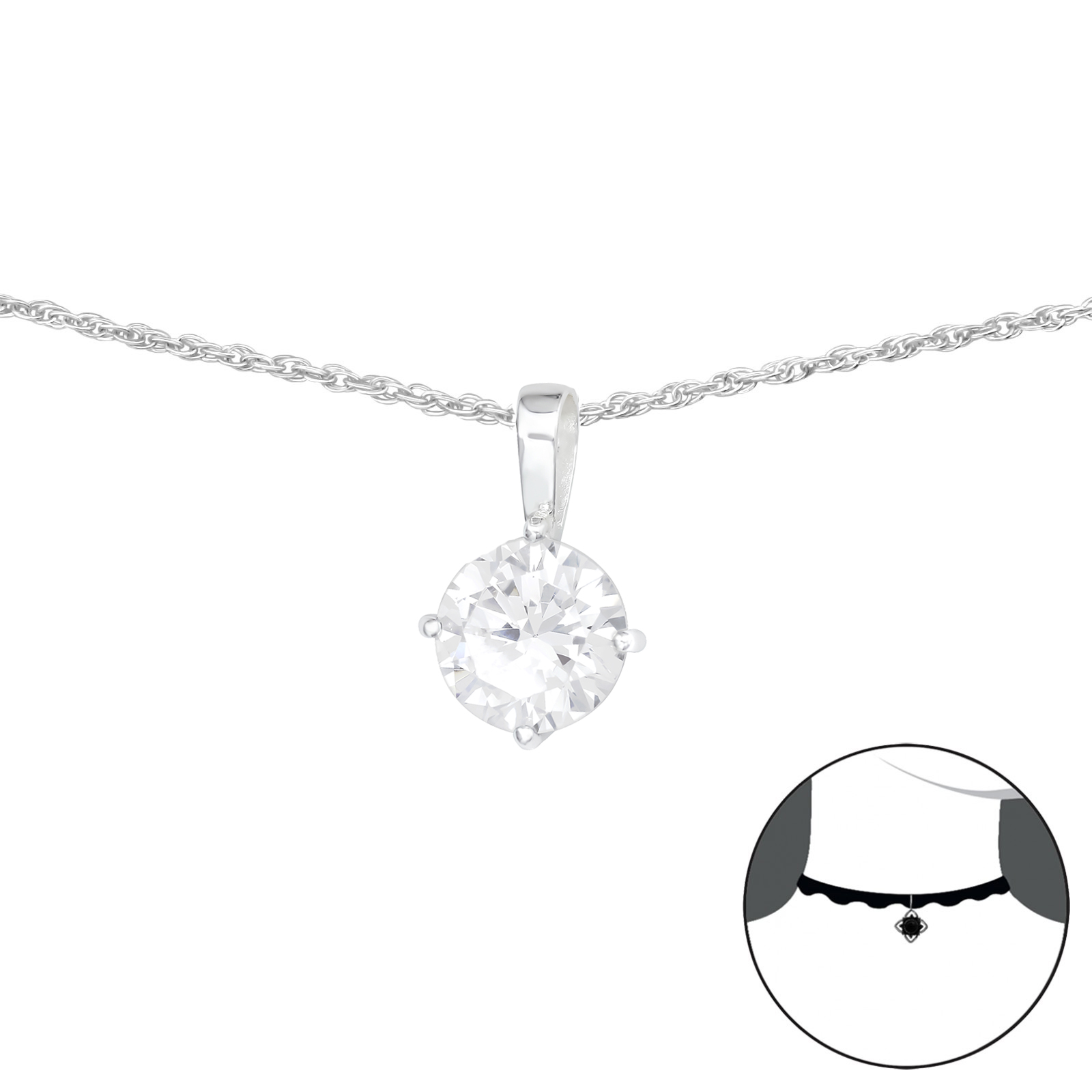 שרשרת מכסף צ'וקר - זירקוניה עגולה לבנה