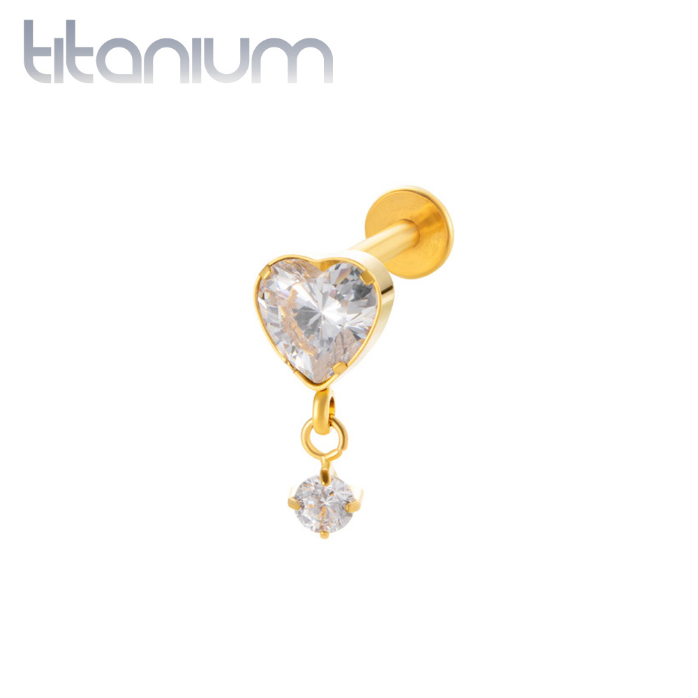 עגיל הליקס / טראגוס / קונץ' / פלאט  מטיטניום וציפוי זהב - לבבות לבנים בהברגה