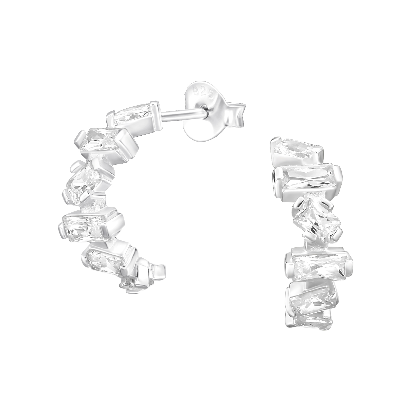 עגילים צמודים מכסף - קשת של קריסטלים לבנים