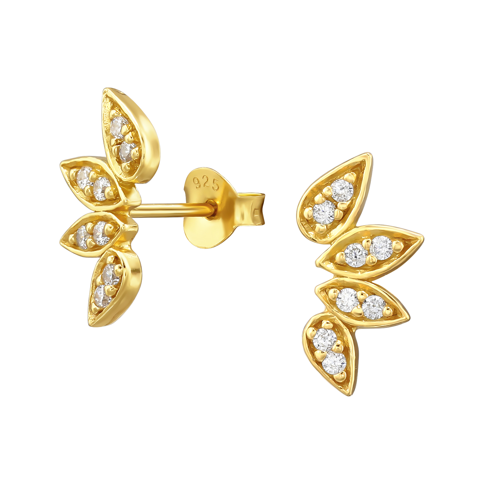 עגילים צמודים מכסף וציפוי זהב - מניפה של טיפות וקריסטלים לבנים