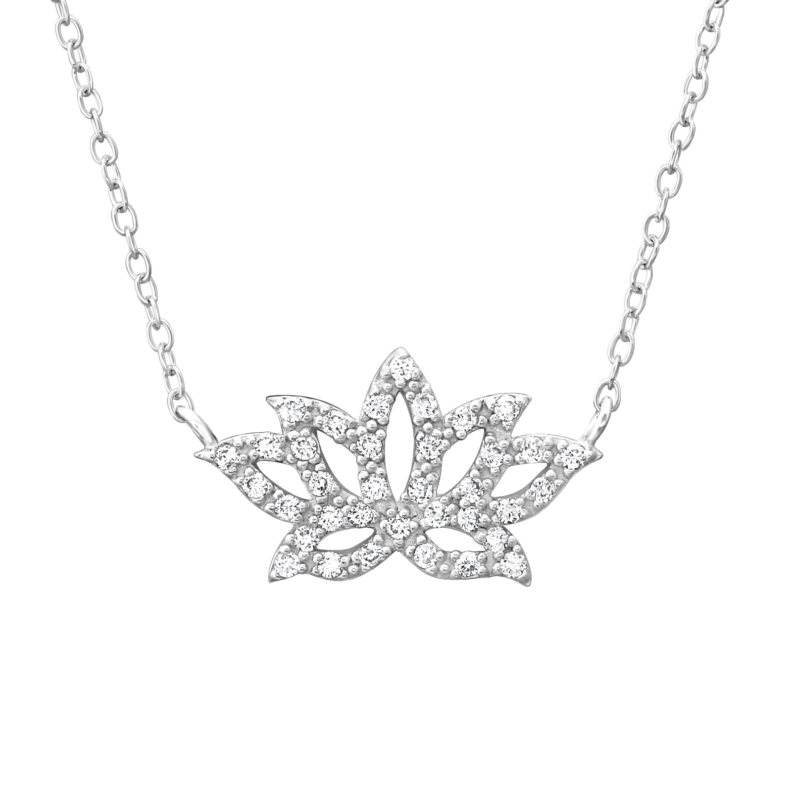שרשרת מכסף - לוטוס עם קריסטלים לבנים