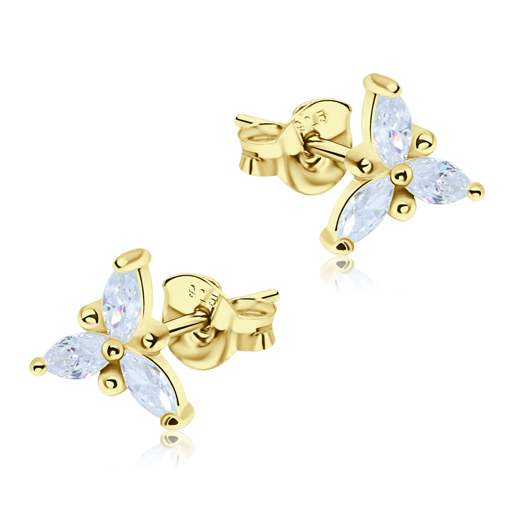 עגילים צמודים מכסף 925 וציפוי זהב – פרח עם קריסטלים לבנים