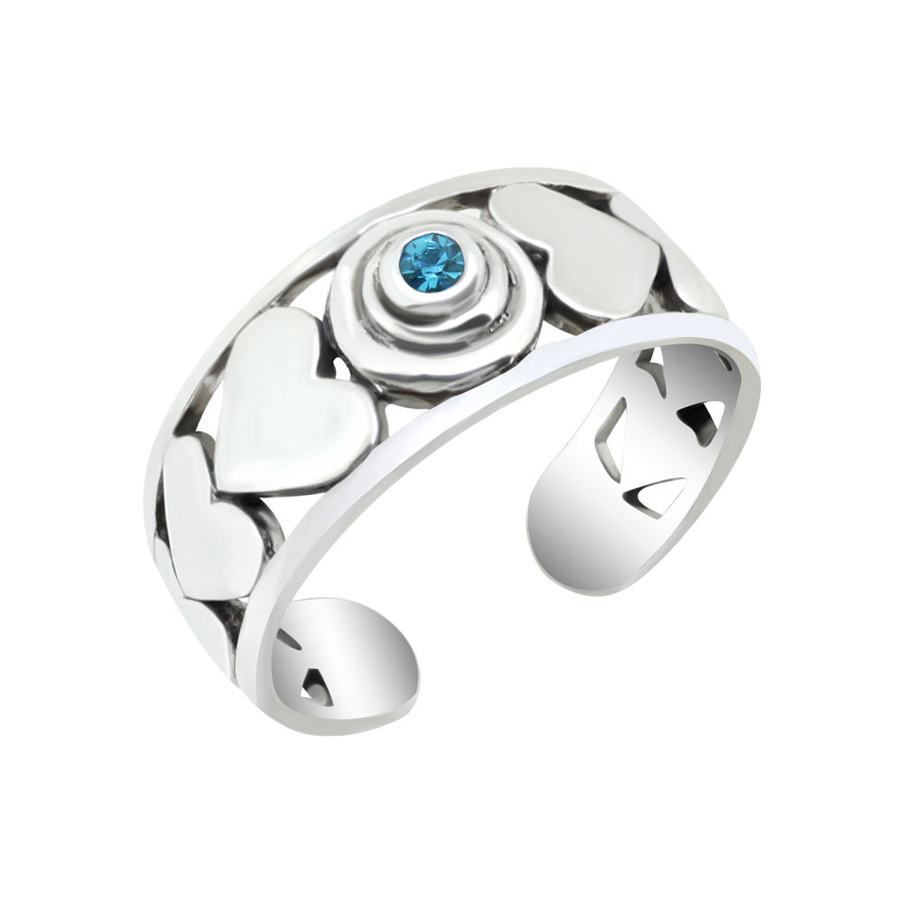 טבעת רגל / חצי מכסף - לבבות וקריסטל תכלת