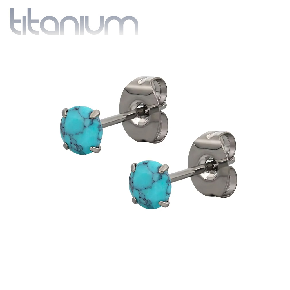עגילי סטד מטיטניום - אבן טורקיז 4 ממ