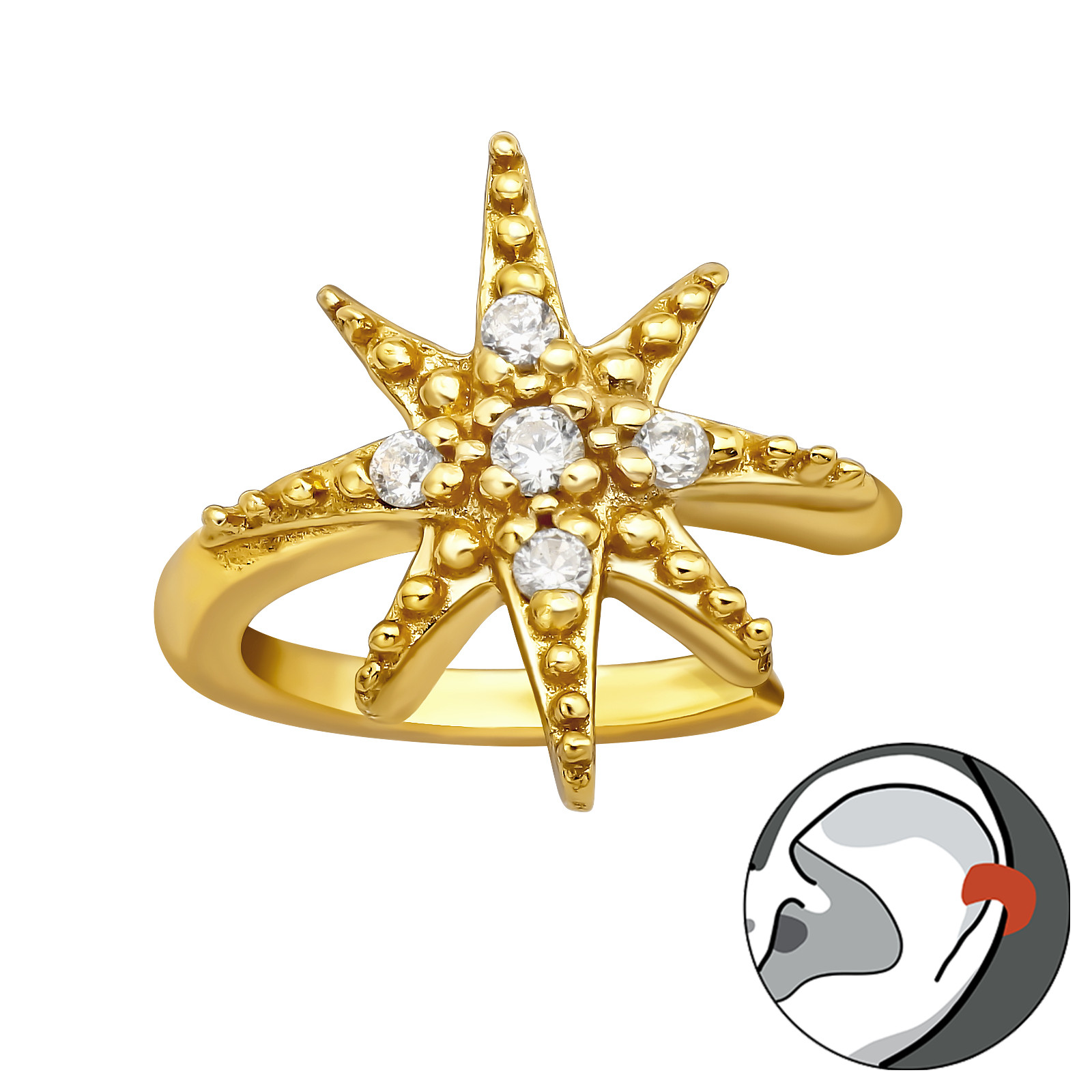 עגיל ללא חור קליפ מכסף וציפוי זהב כוכב הצפון וקריסטלים לבנים