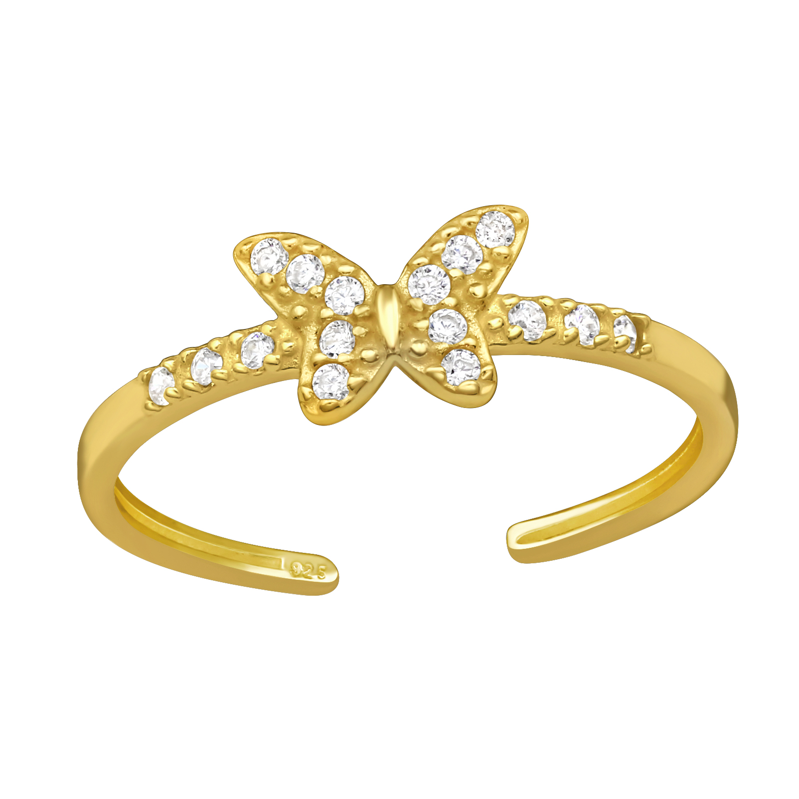 טבעת רגל מכסף וציפוי זהב / חצי - פרפר עם קריסטלים לבנים