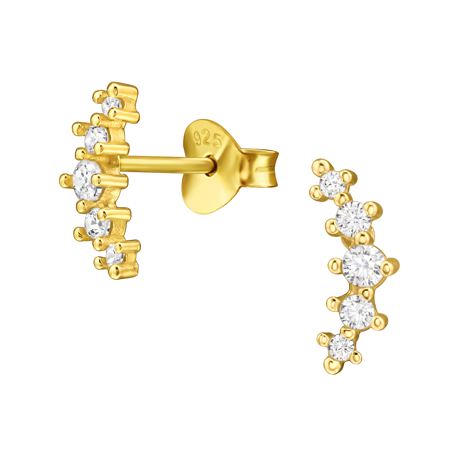 עגילים צמודים מכסף וציפוי זהב - קשת של זירקונים לבנים