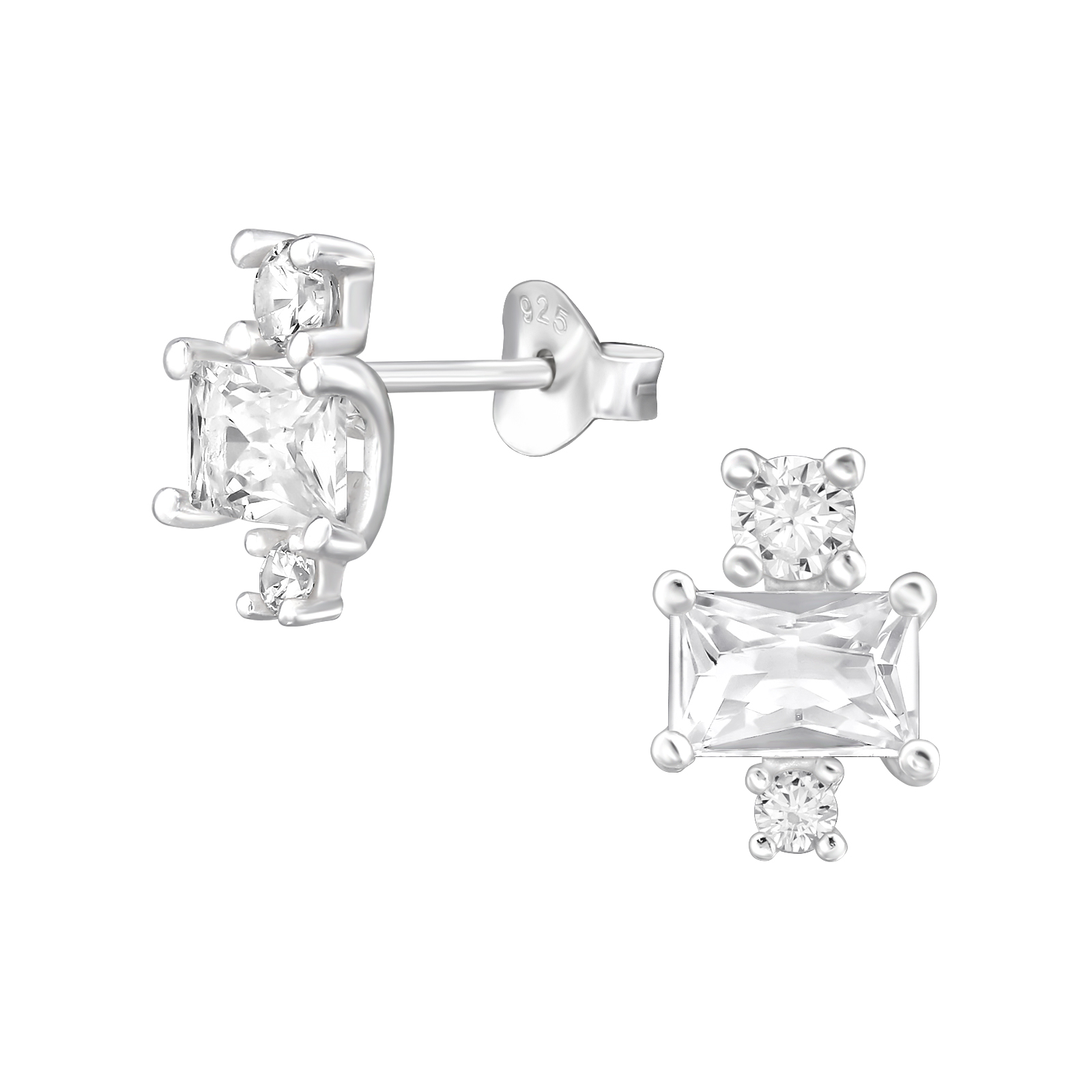 עגילים צמודים מכסף - זירקונים לבנים באגט ועיגולים