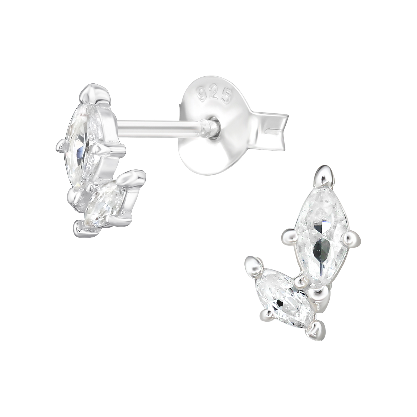 עגילים צמודים מכסף - 2 זירקוני מרקיזים לבנים