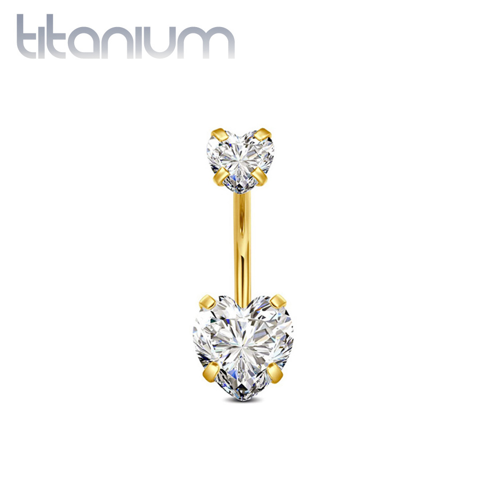 עגיל פירסינג בטבור מטיטניום וציפוי זהב - זירקונים לבבות לבנים