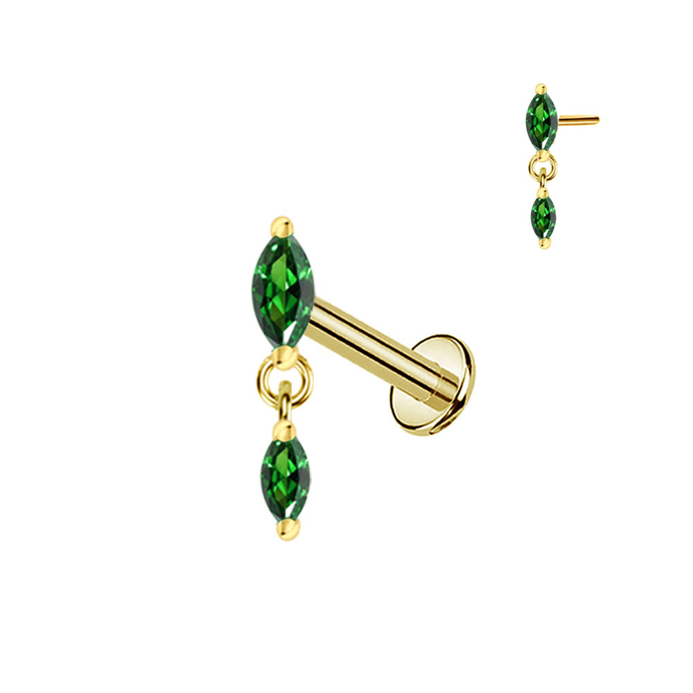 עגיל הליקס / טראגוס / קונץ' / פלאט  מטיטניום וציפוי זהב - 2 מרקיזים ירוקים קטנטנים (סגירה ללא הברגה)