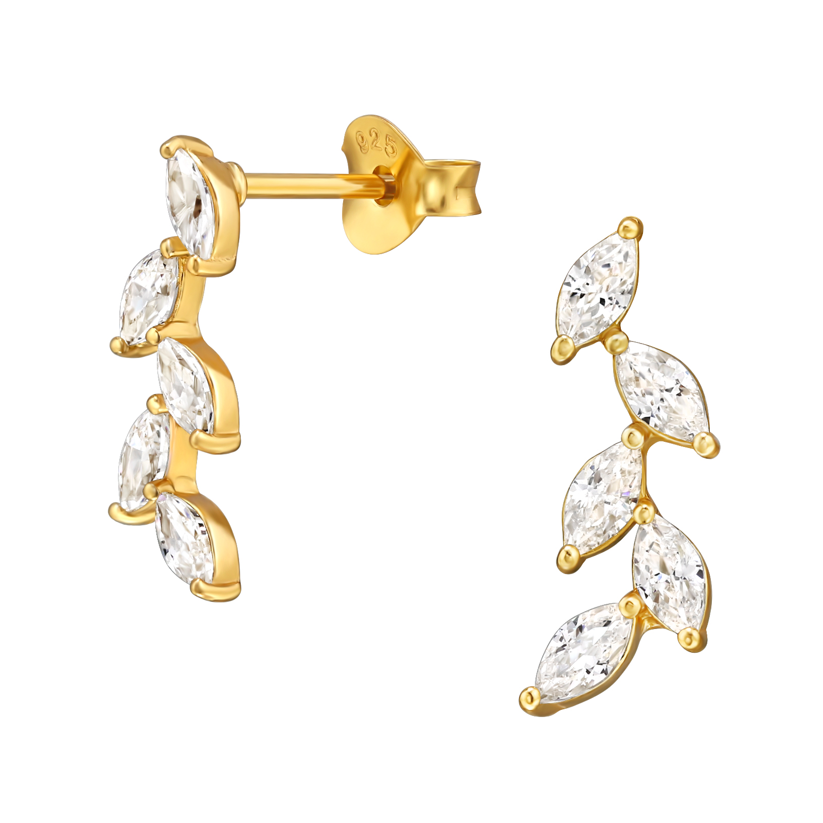 עגילי סטד מכסף וציפוי זהב גבעול עלים של זירקוניה מרקיז