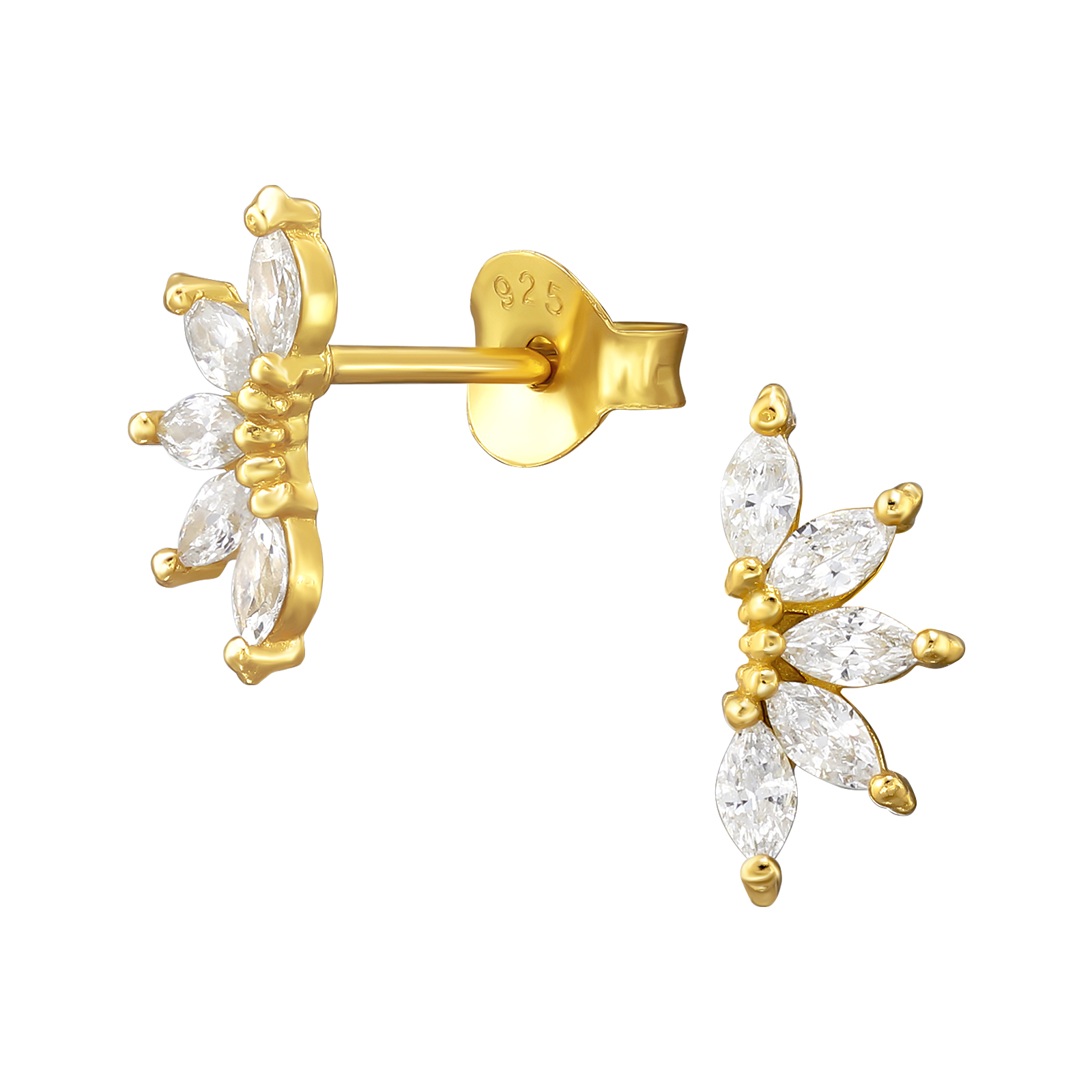 עגילי סטד מכסף וציפוי זהב מניפה קטנה של קריסטלים לבנים