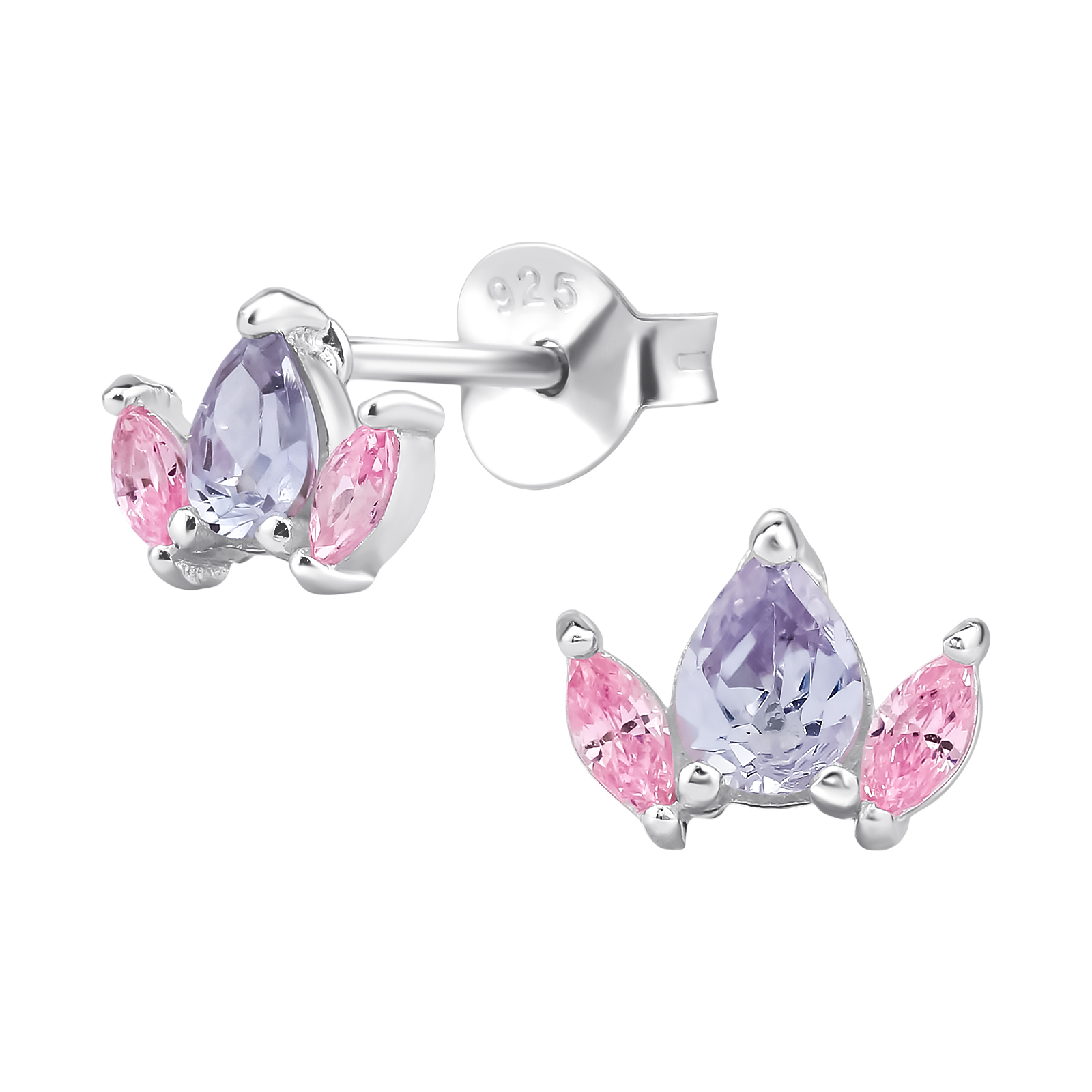 עגילים צמודים מכסף - כתר של מרקיזים ורודים ולבנדר