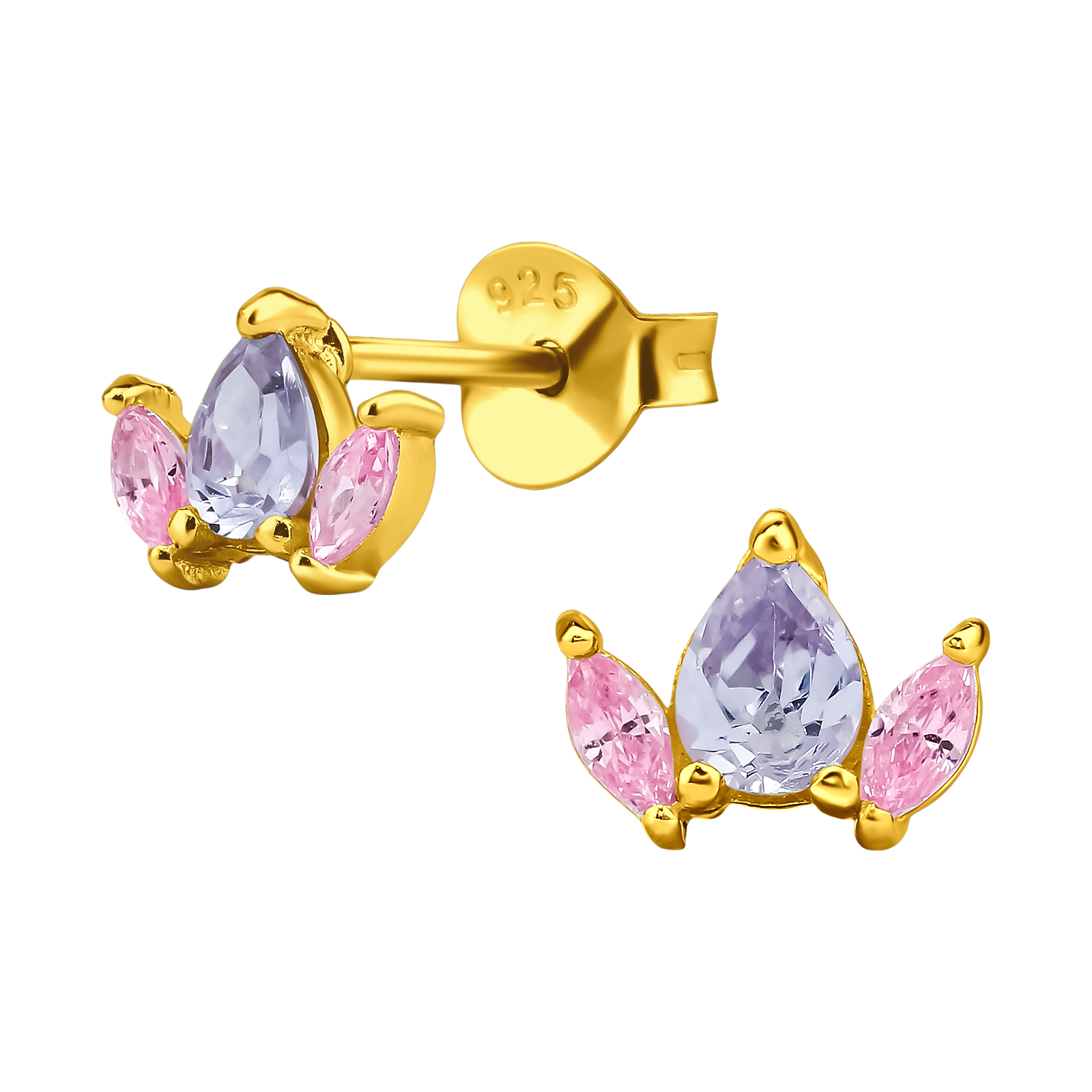 עגילים צמודים מכסף וציפוי זהב - כתר של מרקיזים ורודים ולבנדר