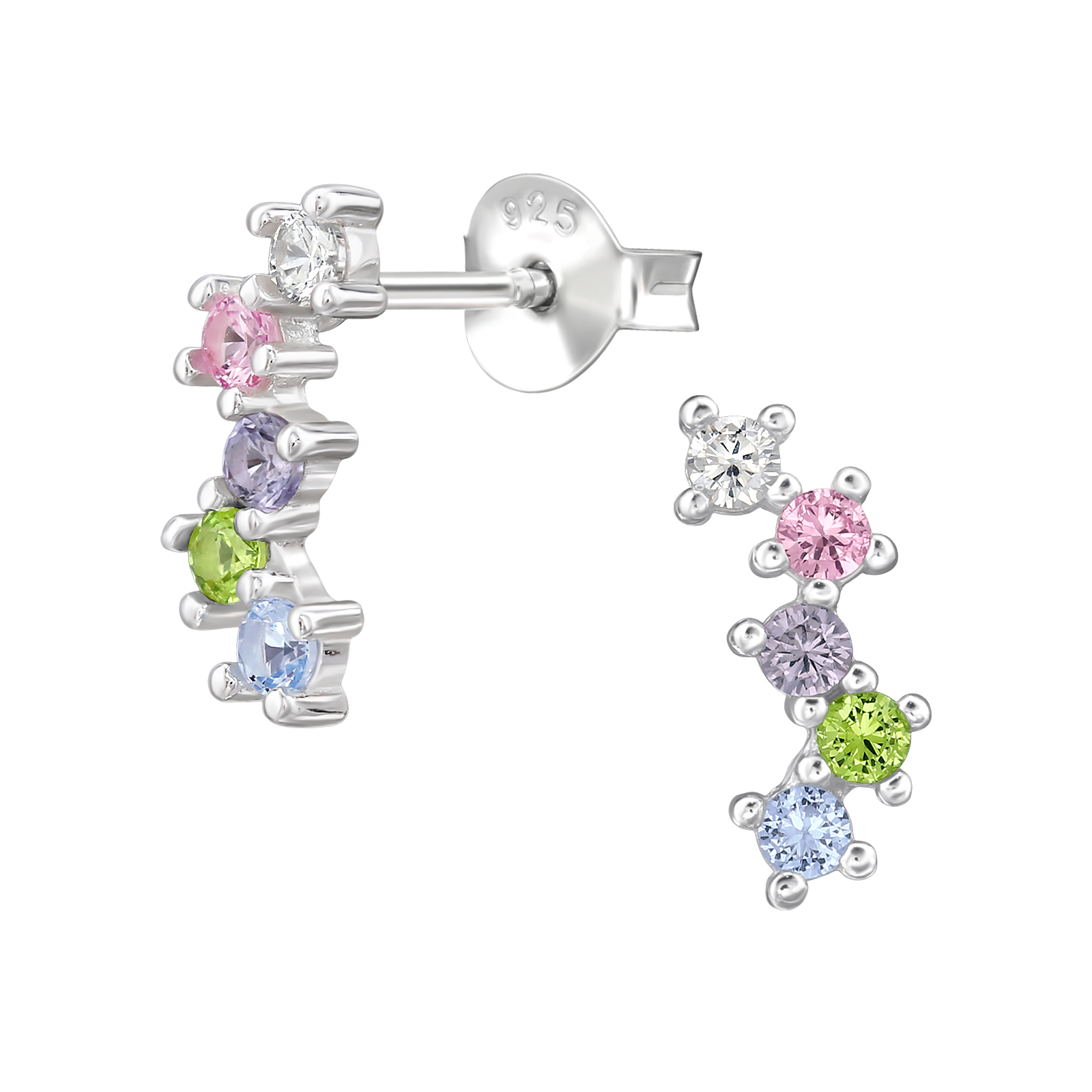 עגילים צמודים מכסף - קשת של מיקס קריסטלים צבעוניים