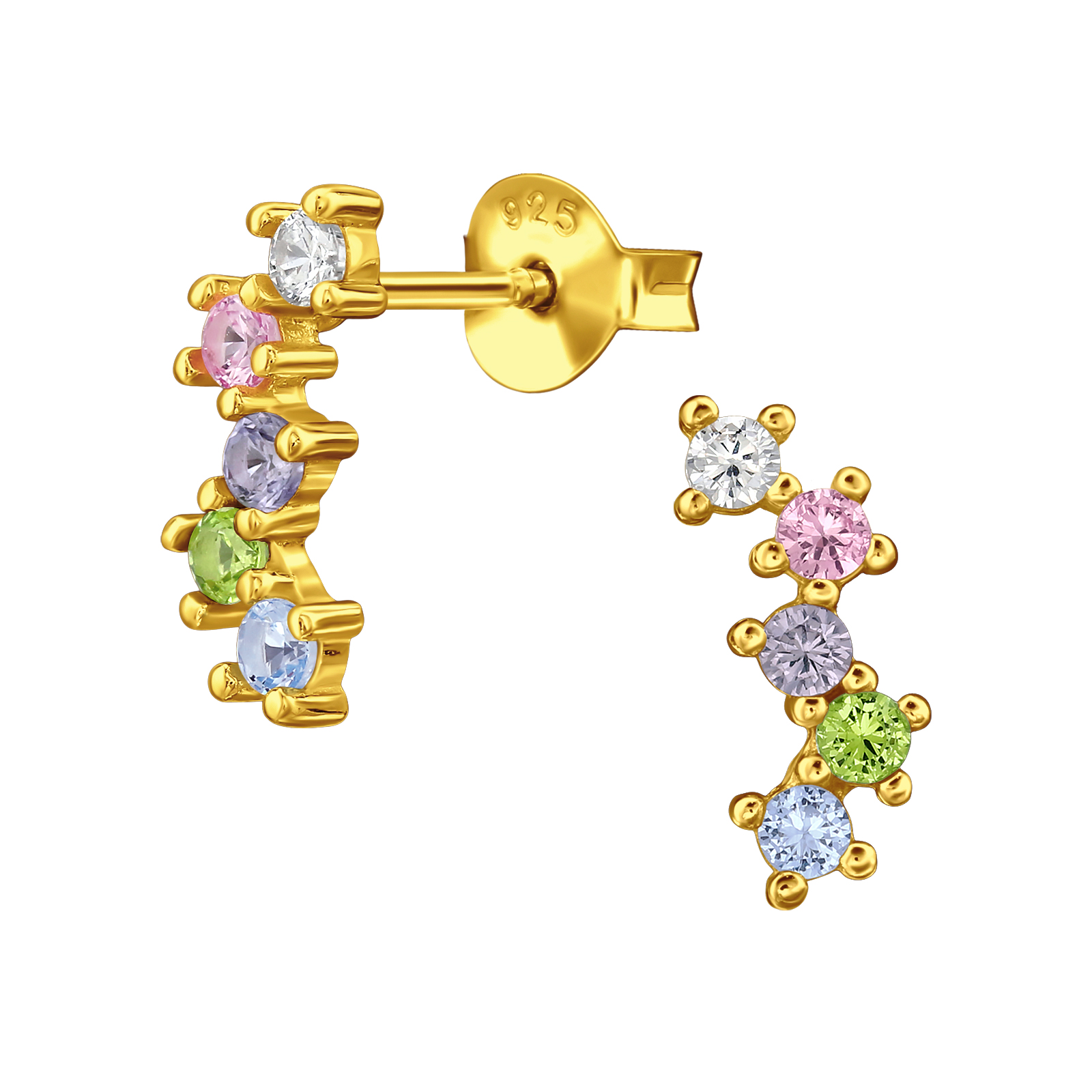 עגילים צמודים מכסף וציפוי זהב - קשת של מיקס קריסטלים צבעוניים