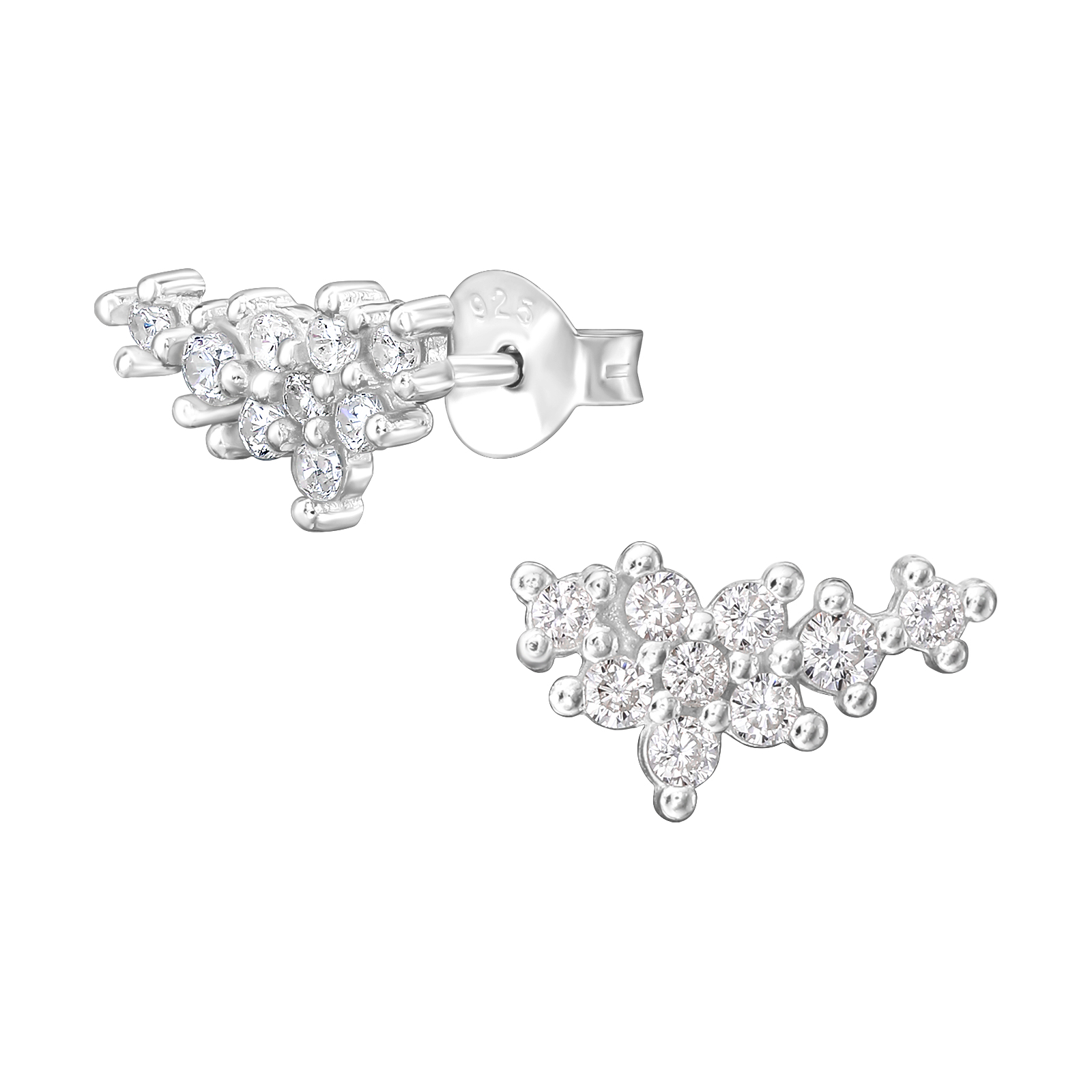 עגילים צמודים מכסף - פרח וקריסטלים לבנים