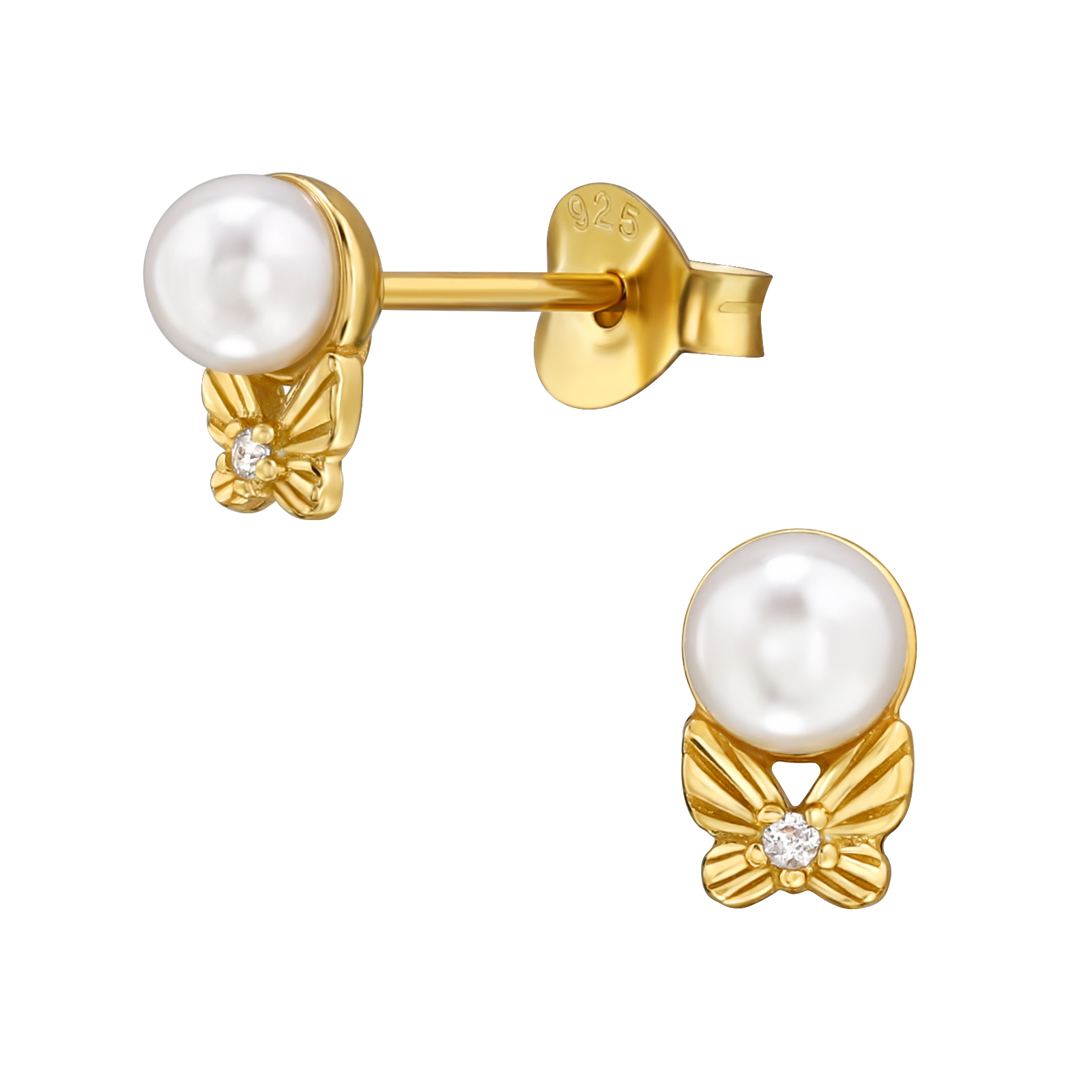 עגילים צמודים מכסף וציפוי זהב - פנינה פרפר וקריסטל לבן