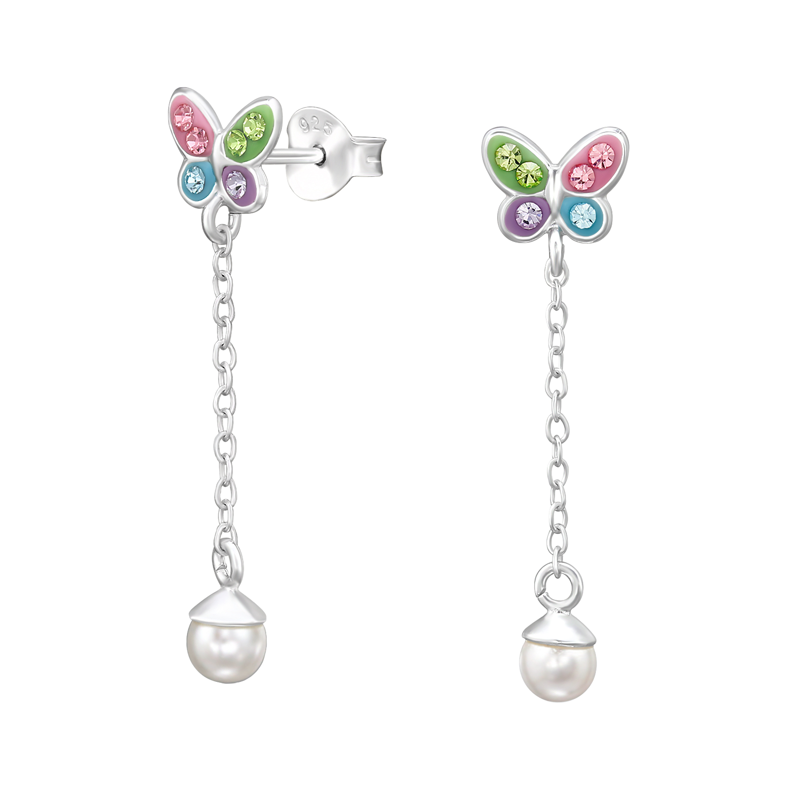 עגילים צמודים מכסף - פרפר עם קריסטלים צבעוניים ופנינה