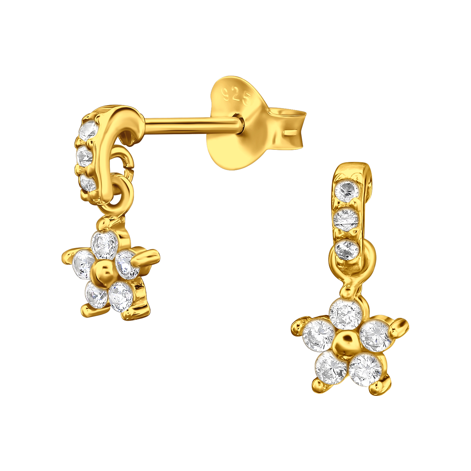 עגילים צמודים מכסף וציפוי זהב - פס ופרח עם קריסטלים לבנים