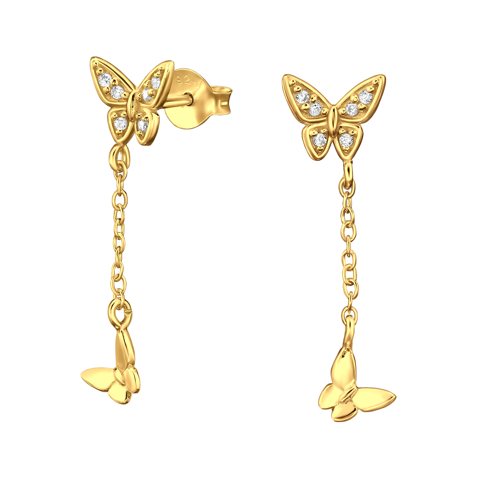 עגילים צמודים מכסף וציפוי זהב - פרפר עם קריסטלים לבנים ושרשרת ופרפר