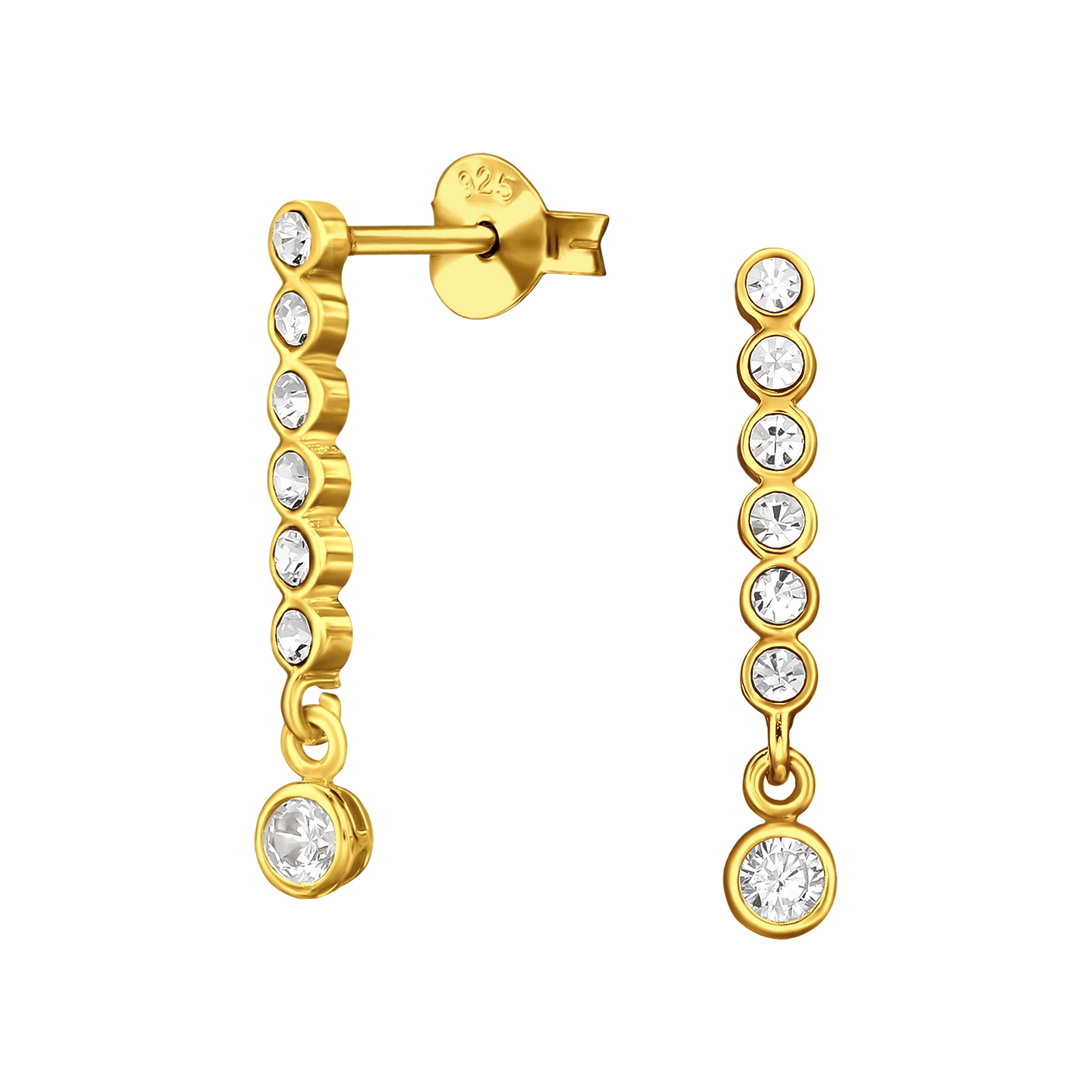 עגילים צמודים מכסף וציפוי זהב - פס ועיגול נתלה עם קריסטלים לבנים