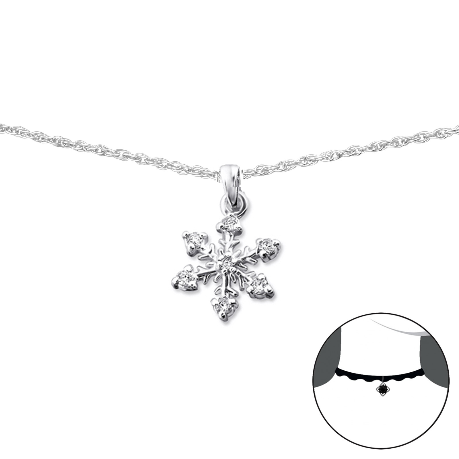 שרשרת מכסף צ'וקר - פתית שלג עם קריסטלים לבנים