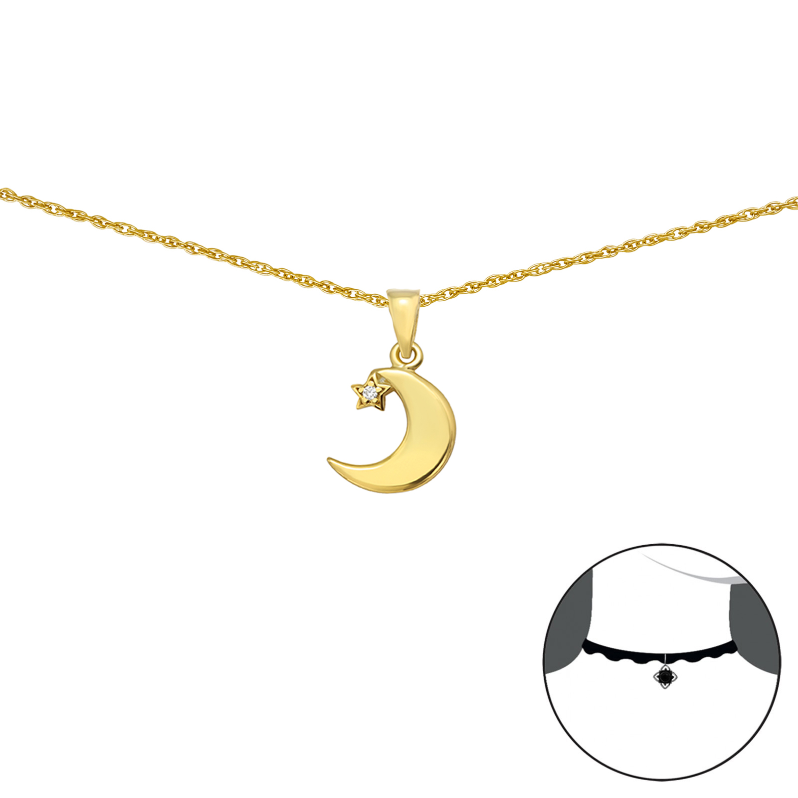 שרשרת מכסף וציפוי זהב צ'וקר - ירח כוכב וקריסטל לבן