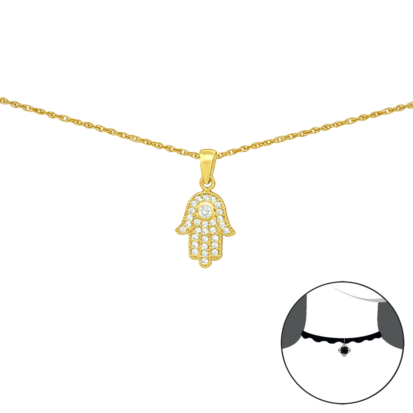 שרשרת מכסף וציפוי זהב צ'וקר - חמסה עם קריסטלים לבנים