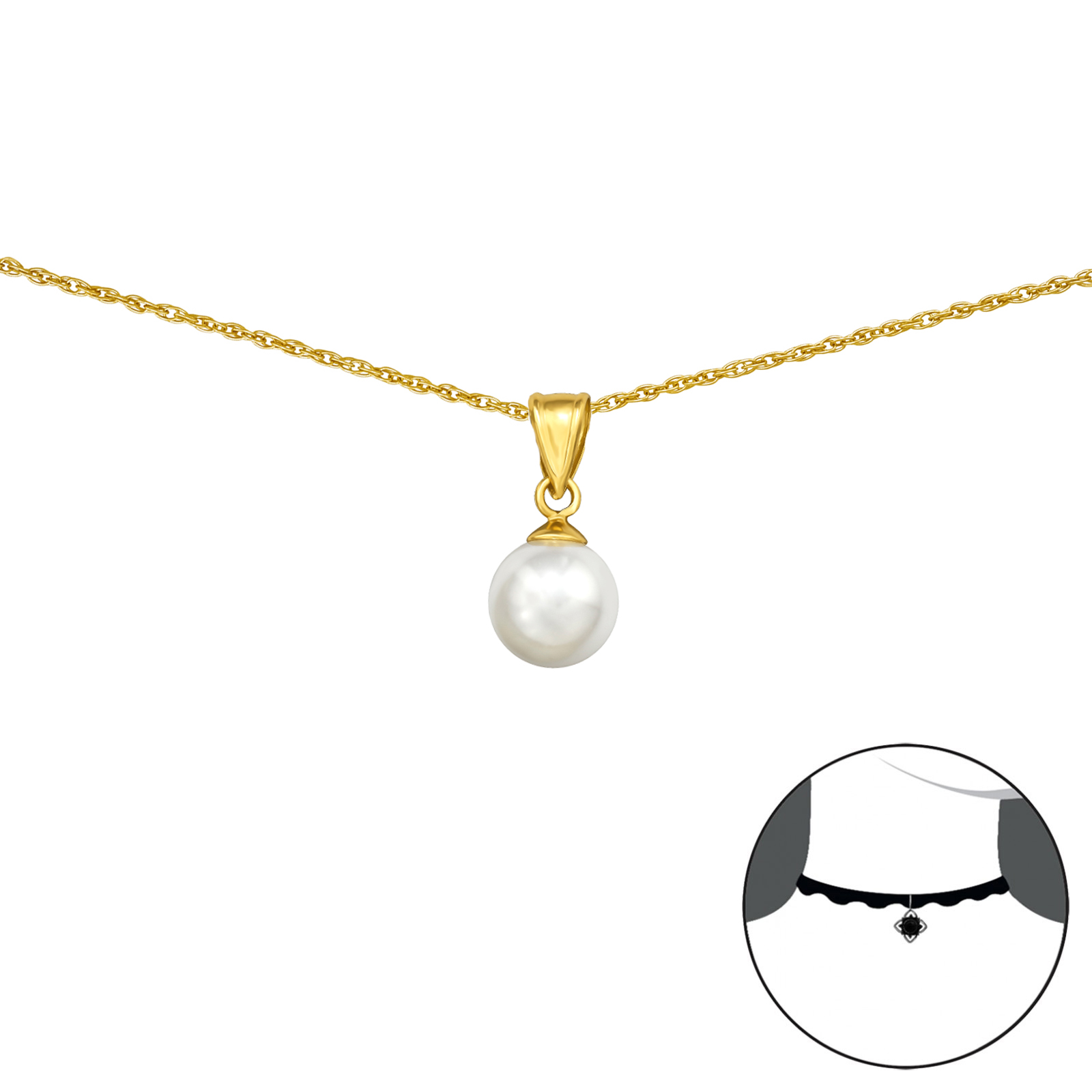 שרשרת מכסף וציפוי זהב צ'וקר - פנינה לבנה