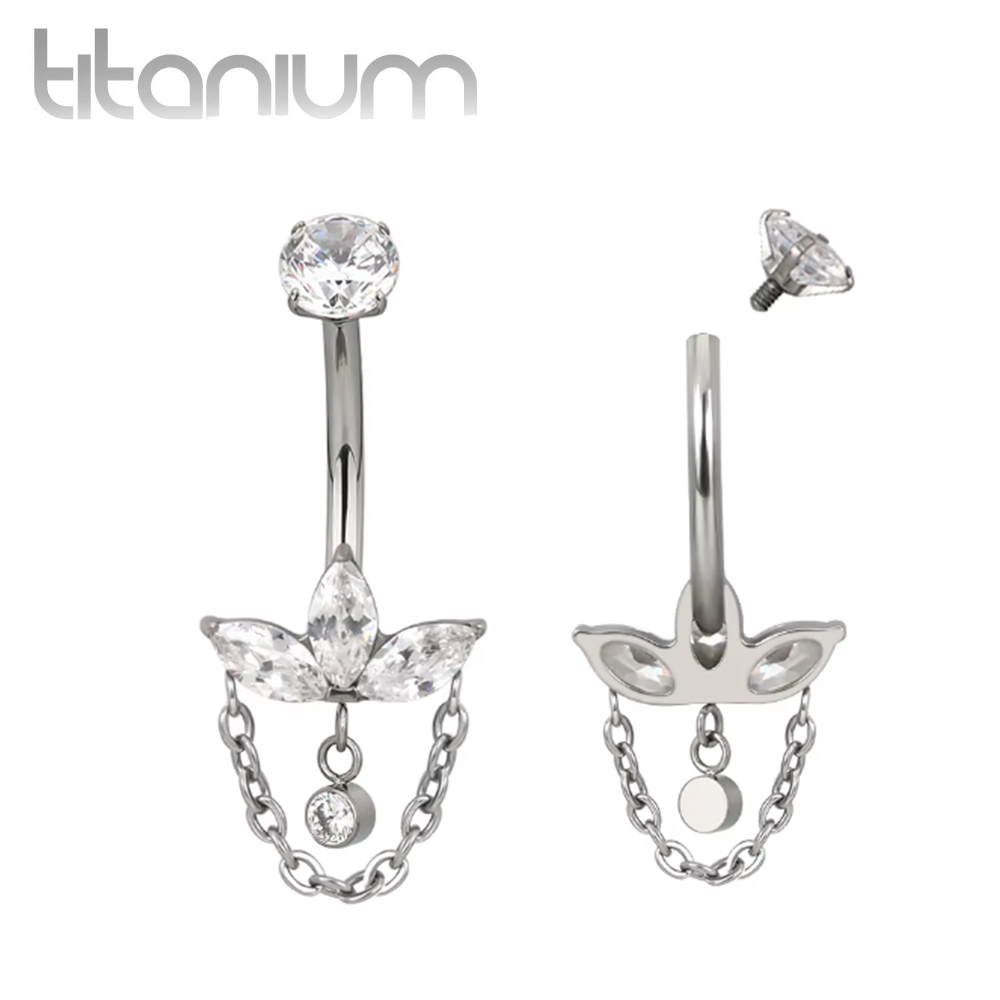 עגיל פירסינג בטבור מטיטניום - לוטוס מרקיזים לבנים עיגול נתלה ושרשרת