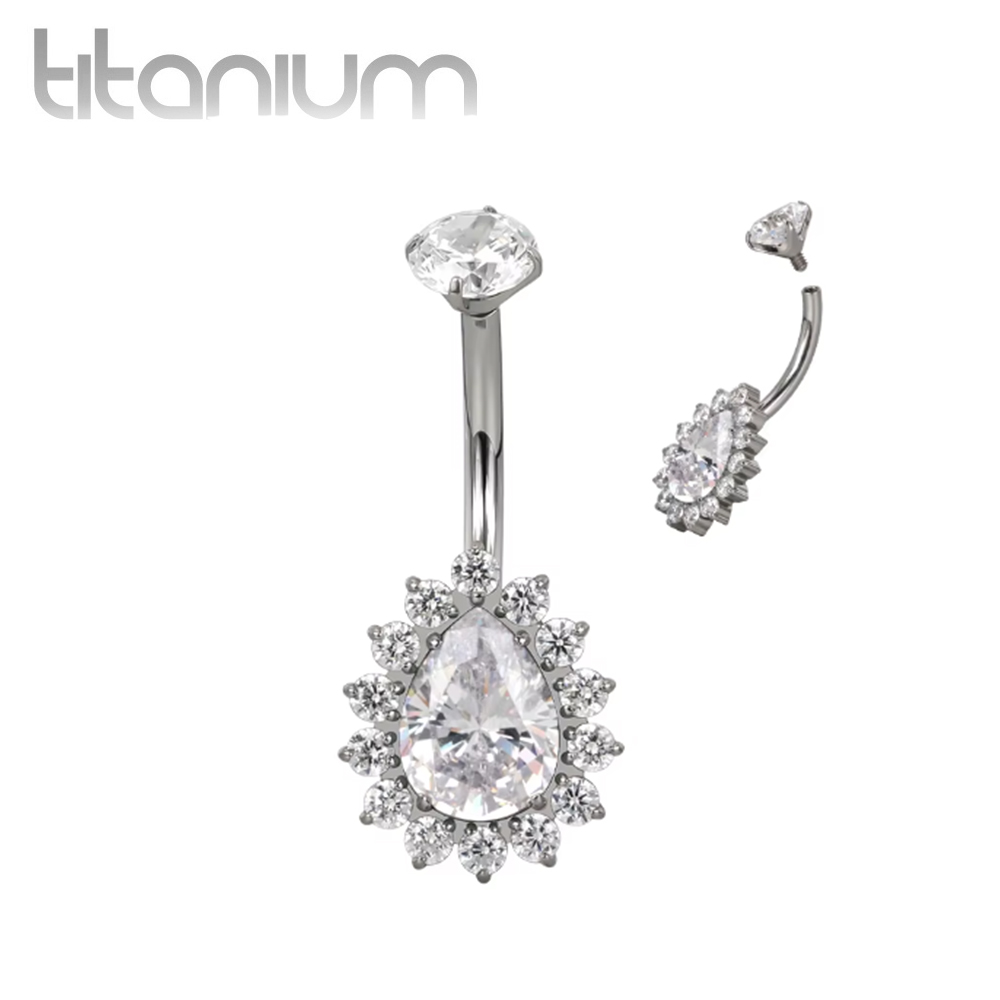 עגיל פירסינג בטבור מטיטניום - זירקוניה טיפה וקריסטלים לבנים