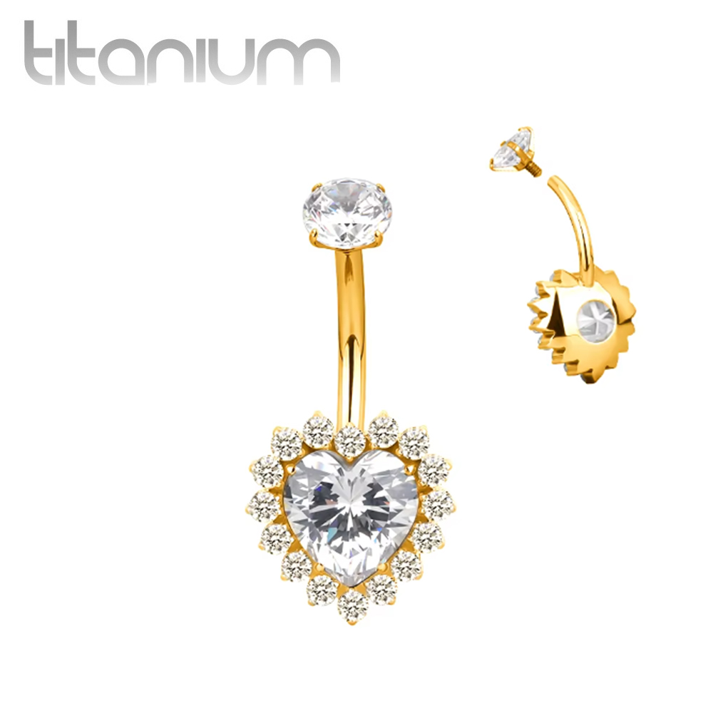 עגיל פירסינג בטבור מטיטניום וציפוי זהב - זירקוניה לב וקריסטלים לבנים