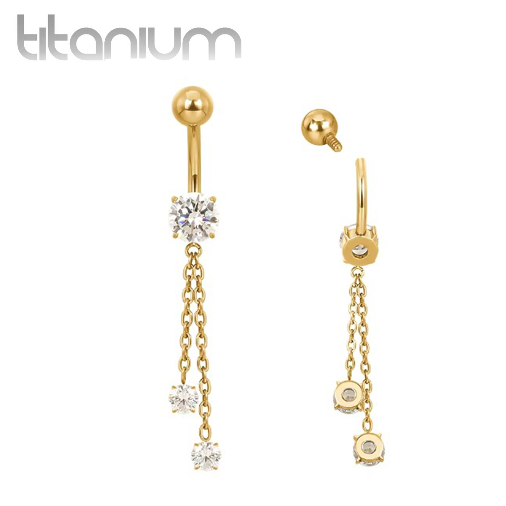 עגיל פירסינג בטבור מטיטניום וציפוי זהב - זירקוניה עגולה ושתי שרשראות עם קריסטלים לבנים