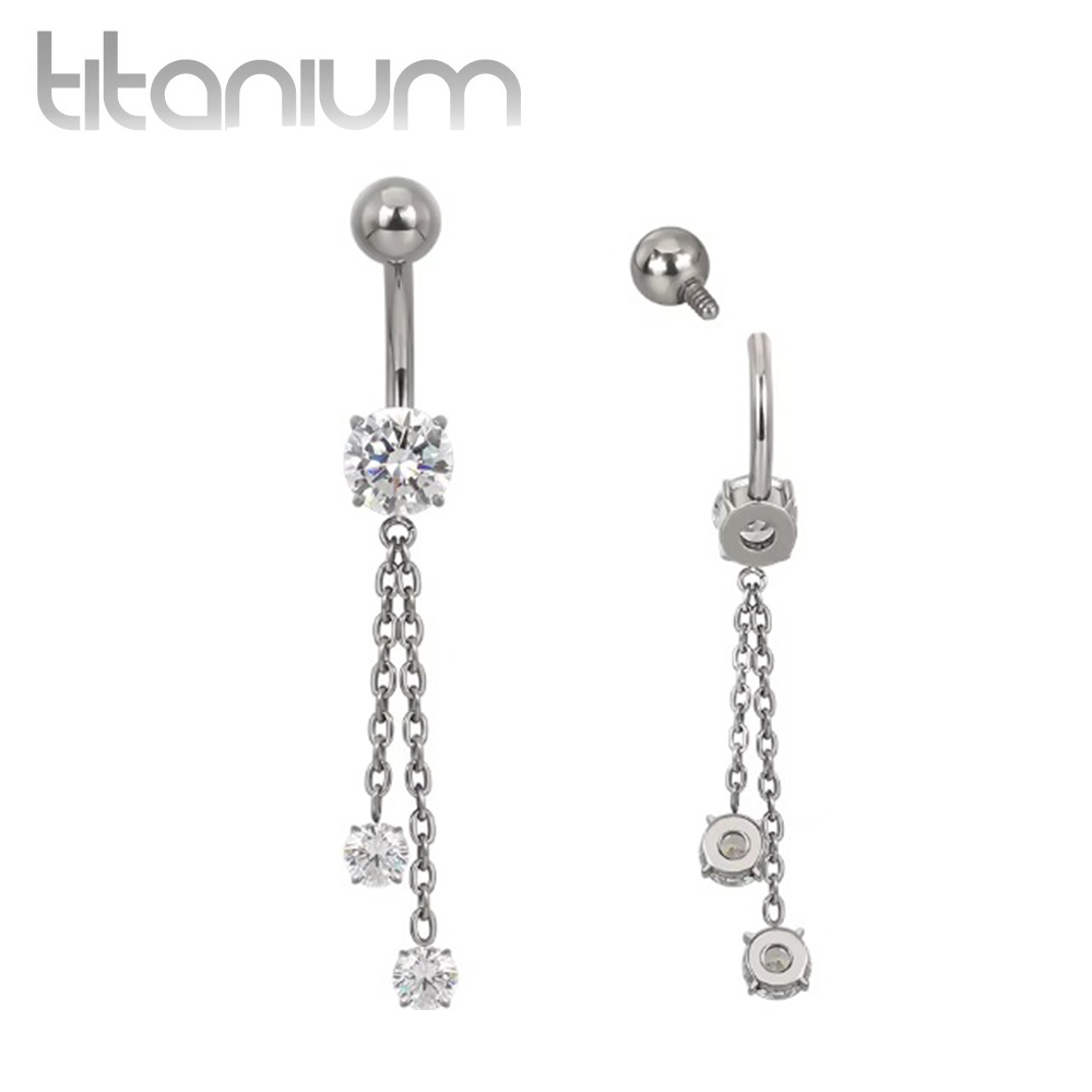 עגיל פירסינג בטבור מטיטניום - זירקוניה עגולה ושתי שרשראות עם קריסטלים לבנים