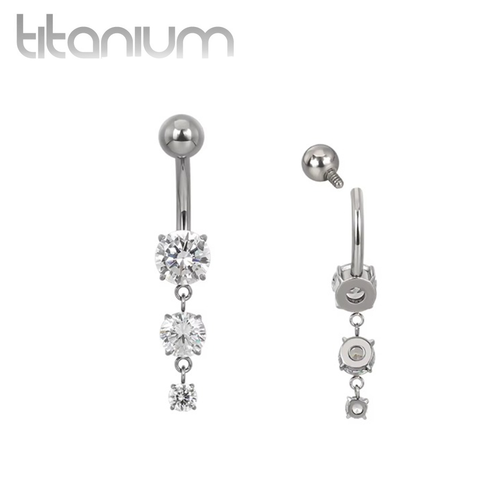 עגיל פירסינג בטבור מטיטניום - 3 זירקונים עגולים