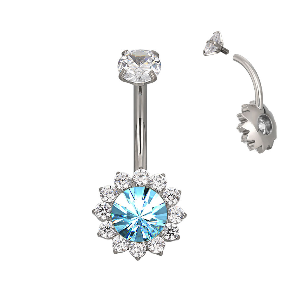 עגיל פירסינג בטבור מטיטניום - פרח תכלת וקריסטלים לבנים