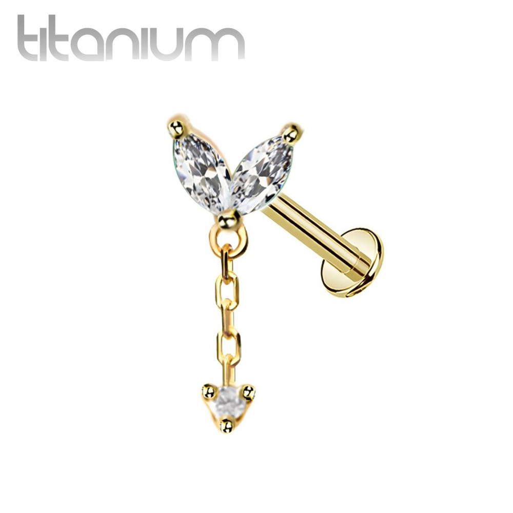 עגיל הליקס / טראגוס / קונץ' / פלאט  מטיטניום וציפוי זהב - 2 מרקיזים לבנים שרשרת וקריסטל לבן