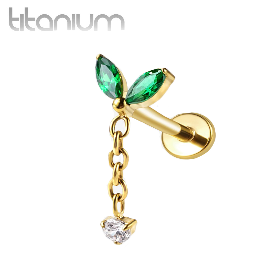 עגיל הליקס / טראגוס / קונץ' / פלאט  מטיטניום וציפוי זהב - 2 מרקיזים ירוקים שרשרת וקריסטל לבן