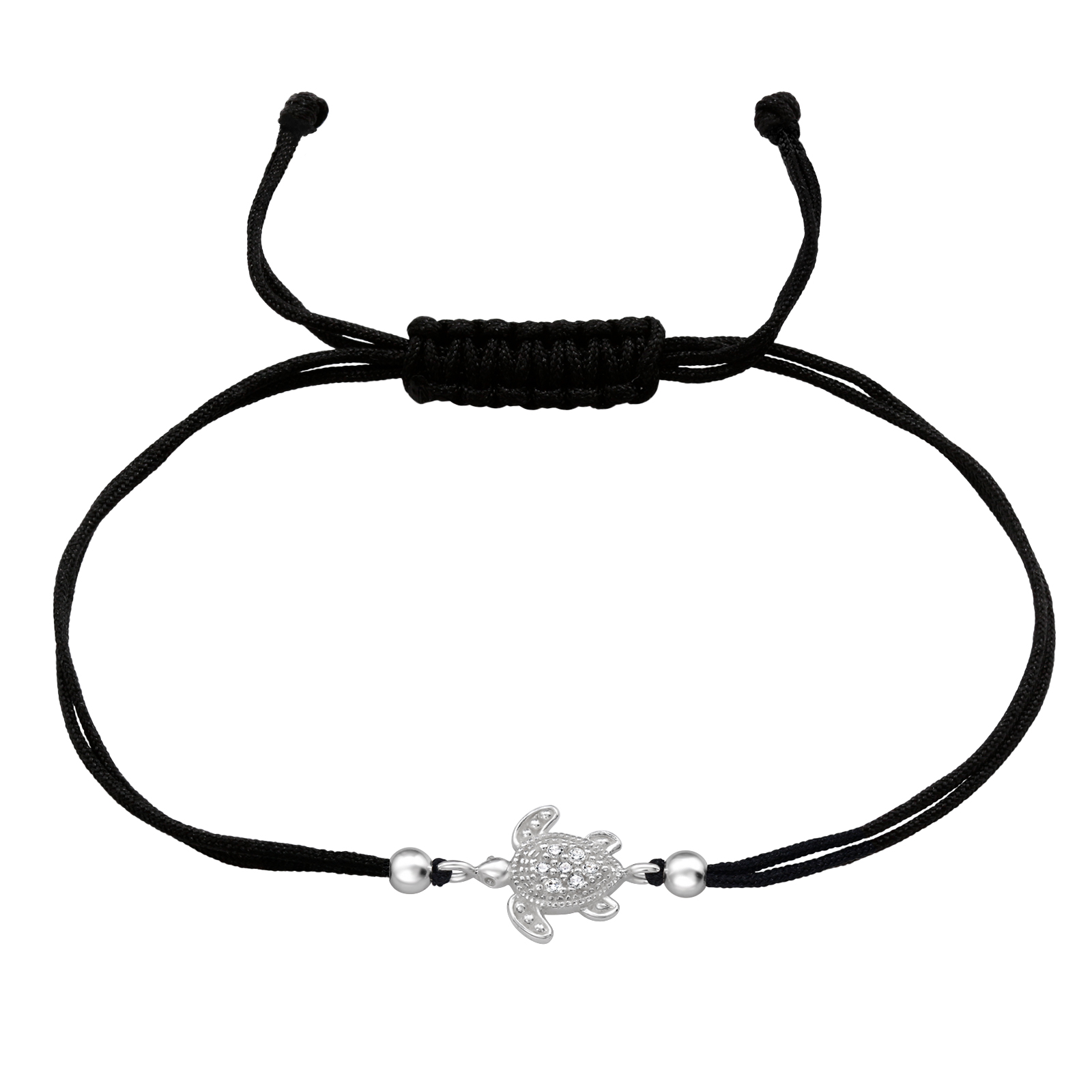 צמיד חוט שחור - תליון כסף צב עם קריסטלים לבנים