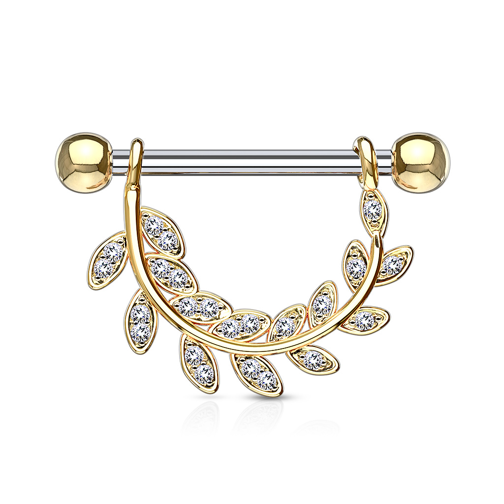 עגיל פירסינג בפטמה מציפוי זהב - עלים וקריסטלים לבנים