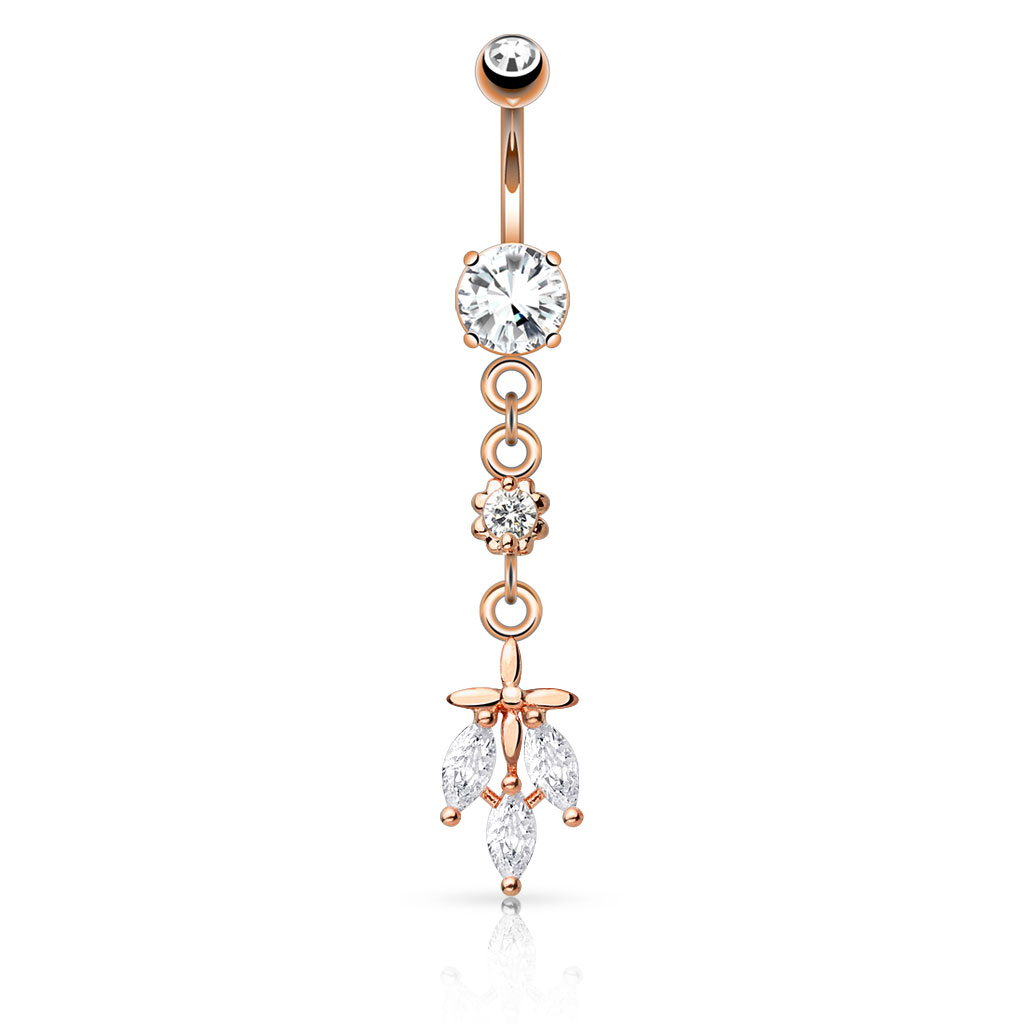 עגיל פירסינג בטבור מציפוי זהב רוז - זירקונים לבנים עיגול פרח ועלים