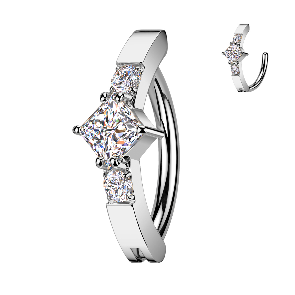 עגיל פירסינג קליקר בטבור - זרקוניה מעויין ועיגול עם קריסטלים לבנים