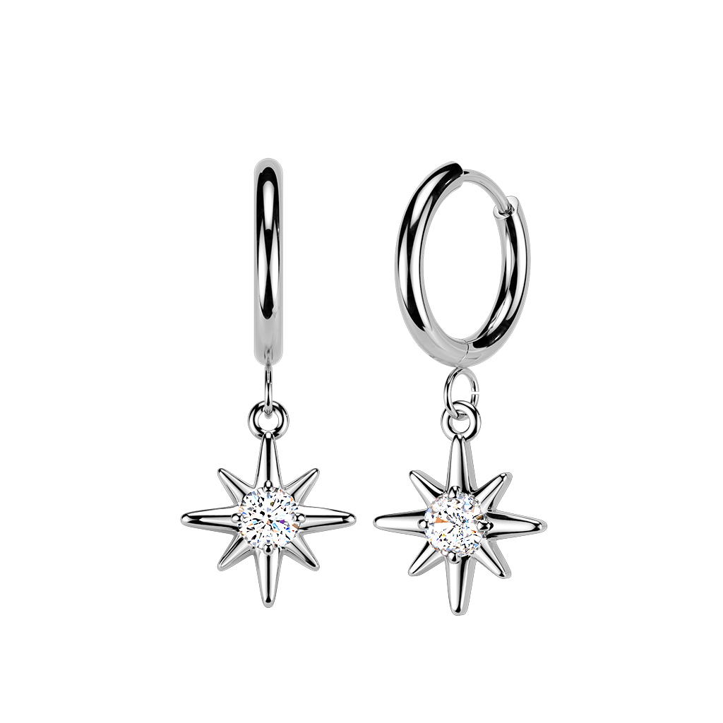 זוג עגילי חישוק האגיס 10 מ"מ מסרג'יקל סטיל כוכב וזירקוניה לבנה
