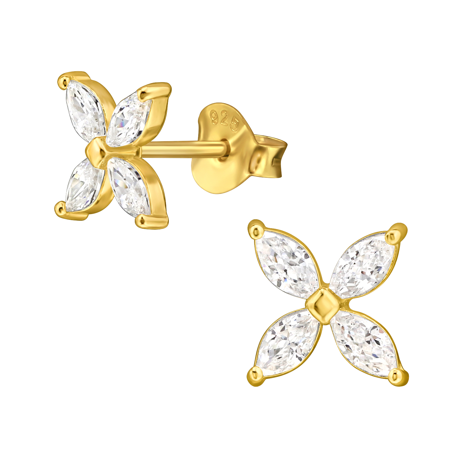 עגילים צמודים מכסף וציפוי זהב - פרח של מרקיזים