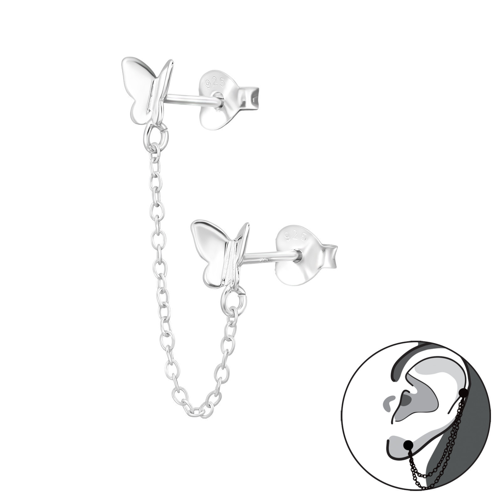 עגיל שרשרת מכסף 925 - שני פרפרים ושרשרת