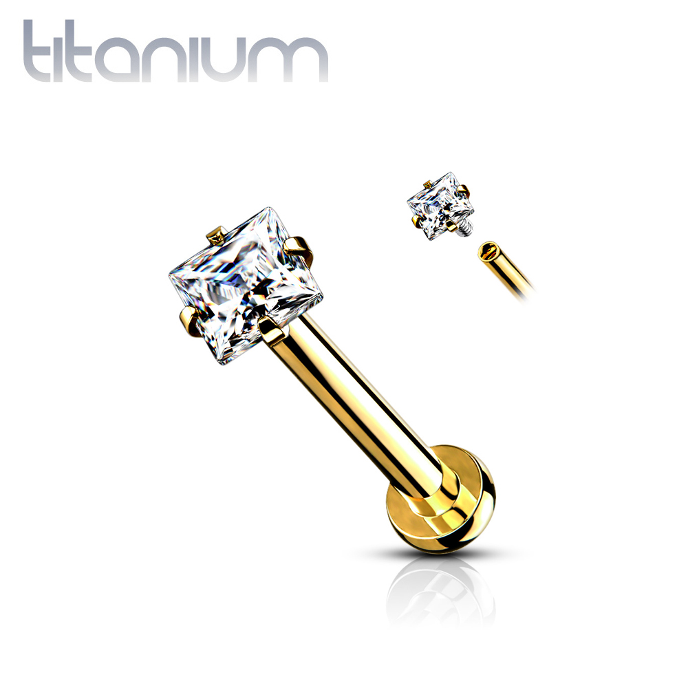 עגיל טראגוס / קונץ’ / פלאט מטיטניום וציפוי זהב – ריבוע קריסטל לבן 3 ממ